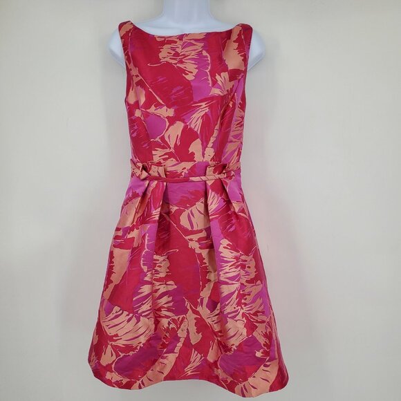 Theia Pink and Orange Fit and Flare Women's Beachy Flower Mini Dress 10 - Picture 1 of 15